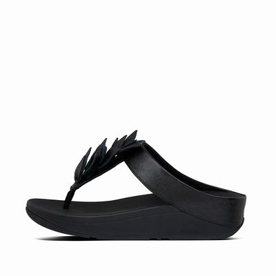 Fitflop Women's FINO Leaf Leather Toe-Thongs Sandals - Black, YI9742850